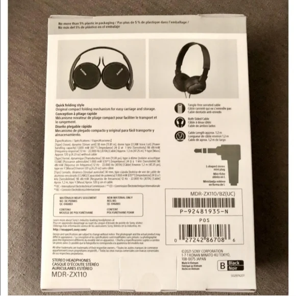 New! SONY Wired On-Ear Headphones ZX Series Black School Kids MDRZX110 3.5mm NIB - Picture 6 of 11